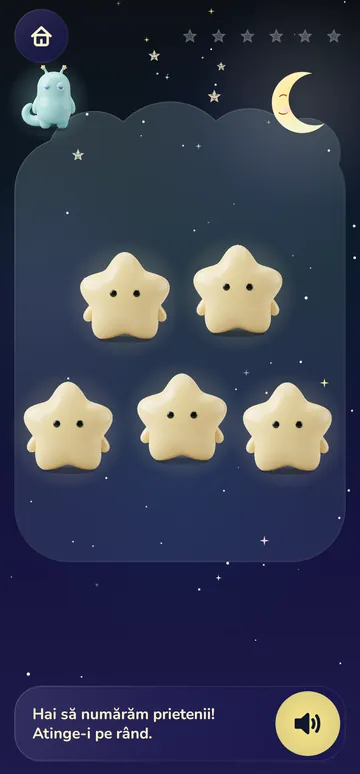 The “Let's count” game: the child taps five little star friends one by one