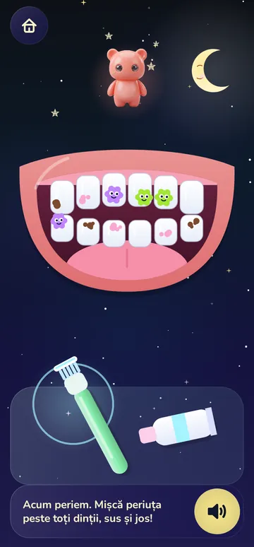 The “Sparkly teeth” game: the child brushes Bubu's teeth